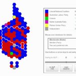Cartogram map of Australian federal electorates, coloured by party