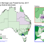 Map of Australian federal electorates showing results of marriage equality survey