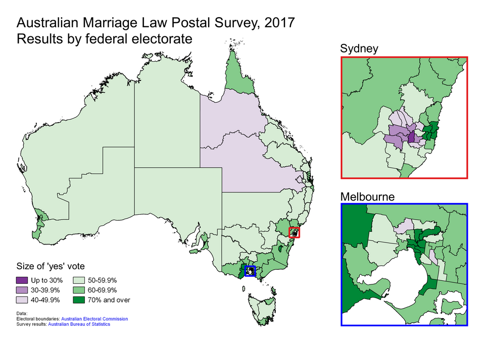 Map of Australian federal electorates showing results of marriage equality survey