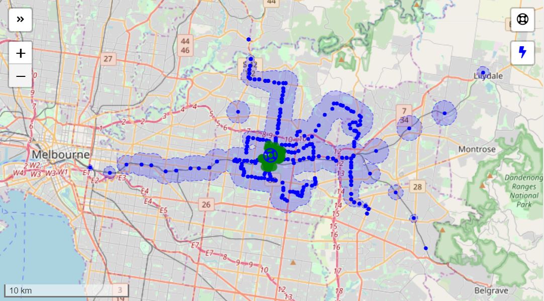 Image of area reachable by public transport from given location